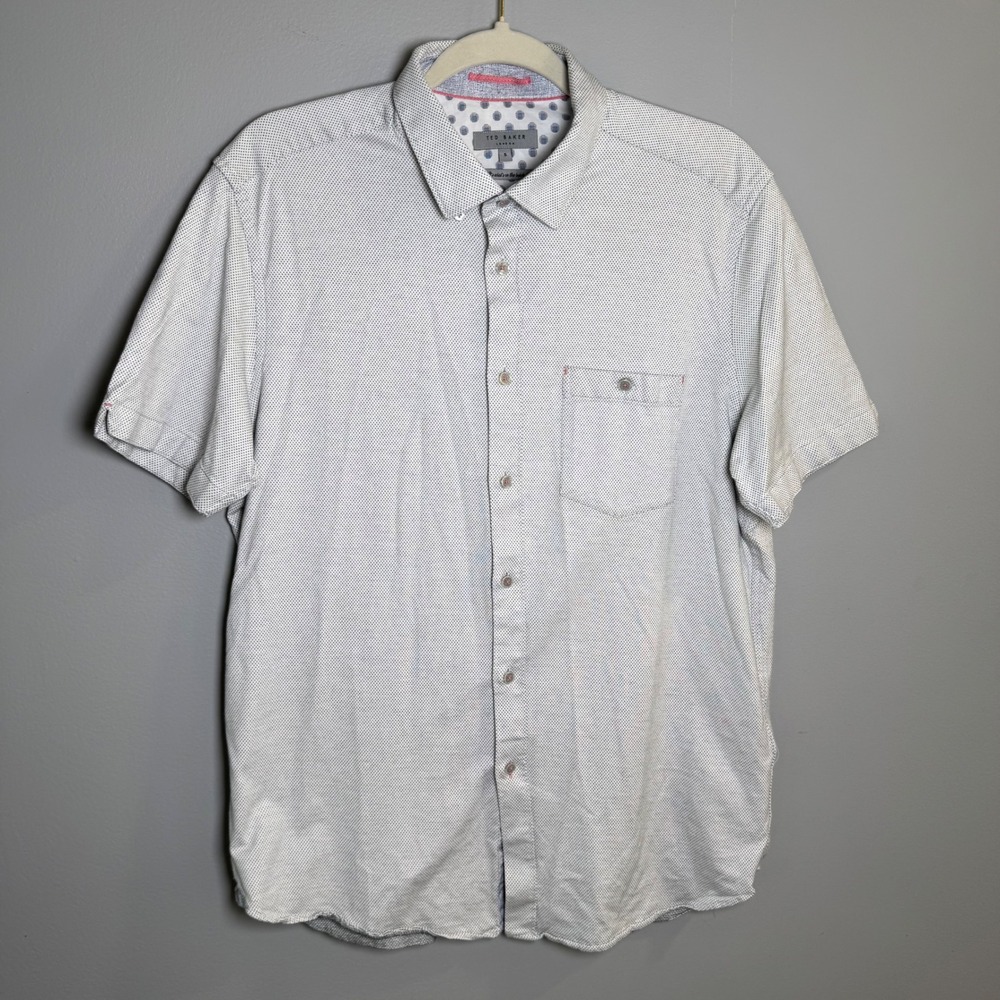 Ted Baker Mens Size 5 XL White Blue Micro Dot Short Sleeve Button Up TA7M GA65